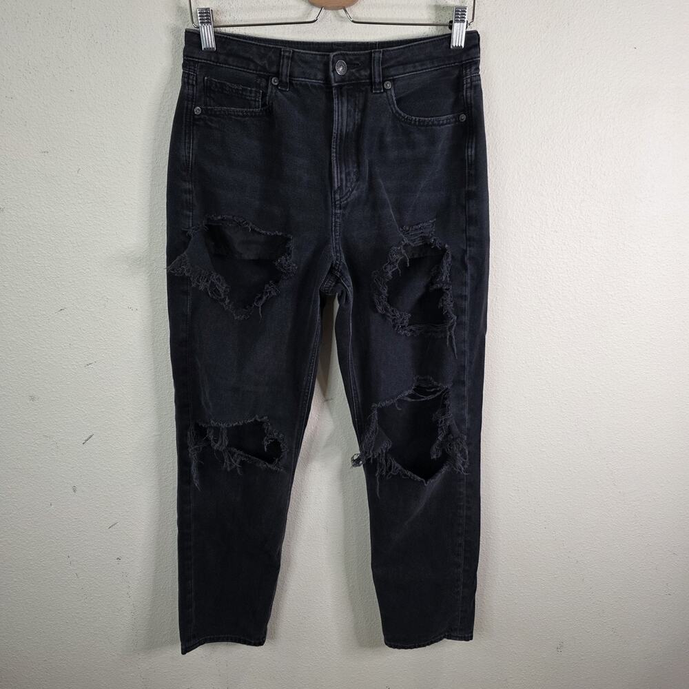 American Eagle Mom Jeans High Rise Black Distressed Destroyed Size 6, 28x27"